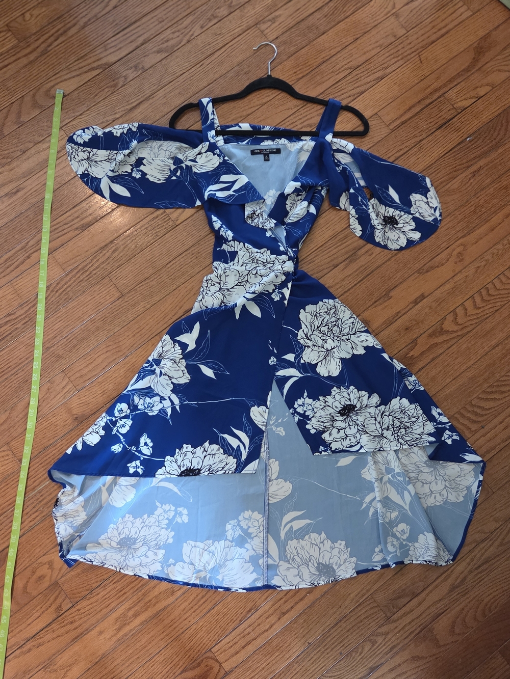 one clothing Blue & White Floral High-Low Off-Shoulder Dress